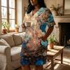 Summer Plus Size V Neck Short Sleeve Knee Pocket  Print Casual Dress For Women