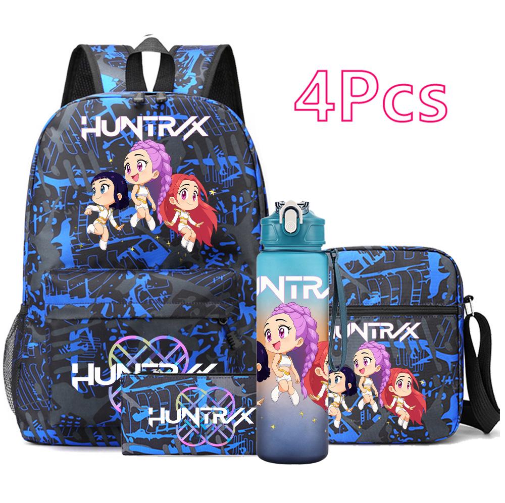 4Pcs/set Anime K-Pop Demon Hunters Printed Backpack Bookbag Shoulder Bag Case Bag with 750Ml Water Bottler for Boy Girl Large Capacity Schoolbag