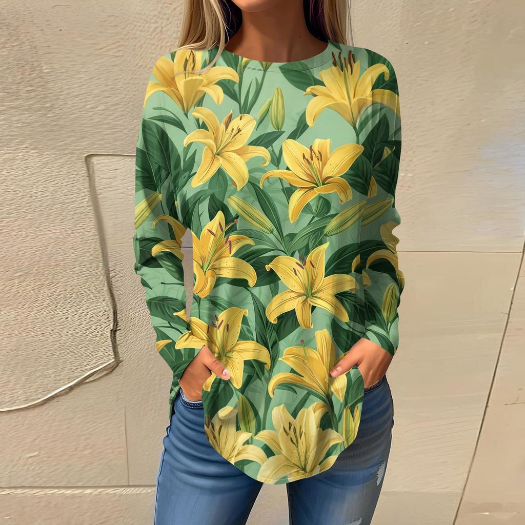 Women's Loose Casual Flower Printed Round Neck Long Sleeved T Shirt Top Pullover Long Sleeved Sweatshirt