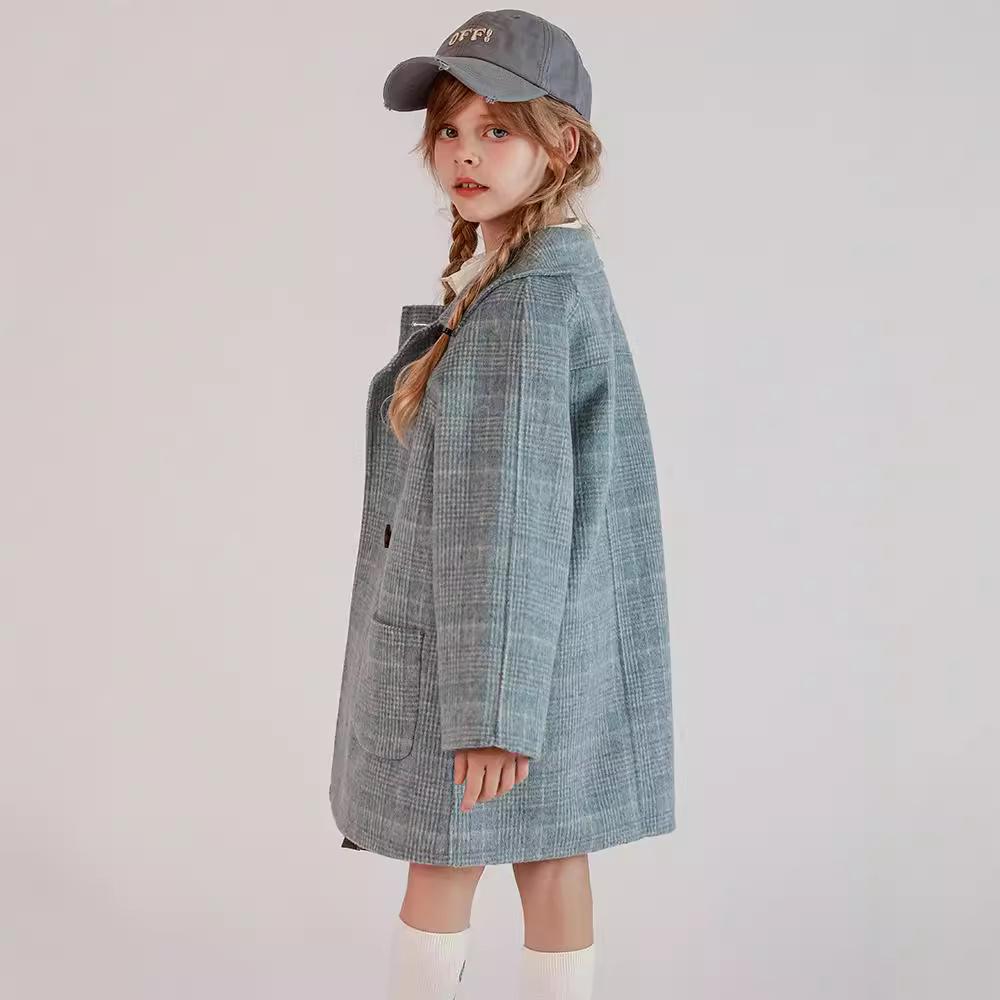Girls Double-faced Wool Plaid Coat Autumn and Winter Coat Full Wool Thick Medium Length