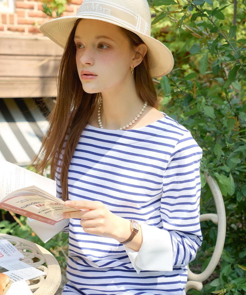 SALON DE YOHN Stripe Cuffs T_ Blue+Ivory