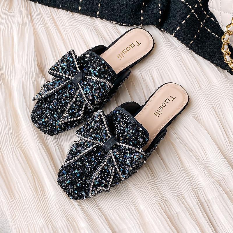 Fashion Plus Size 42/43 Glitter Sequins Shoes Woman Butterfly-Knot Slides Flat Low Heels Mule Ladies Comfy Slippers Crystal Sandals 2025