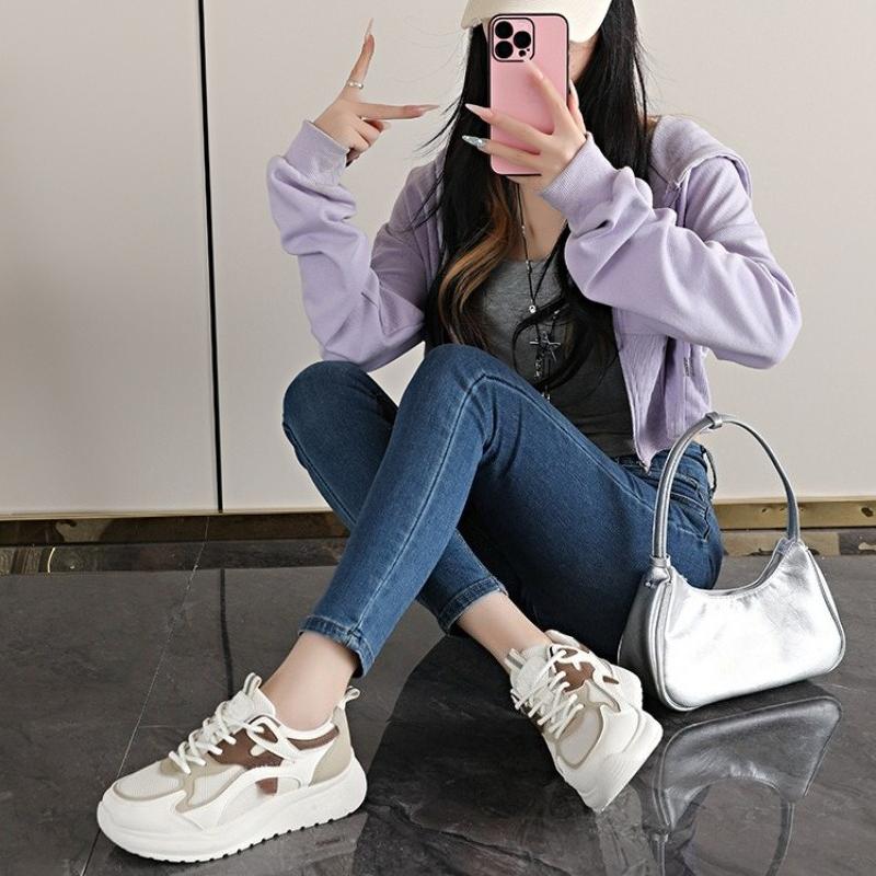 Fashionable Mesh Breathable Sports Shoes, Women'S New Versatile Lace Up Running Shoes, Casual Lightweight Soft Soled White Shoes