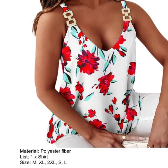 Women Shirt Graphic Print Chain Sling Summer Off Shoulder V Neck Office Commute Blouse for Daily Wear