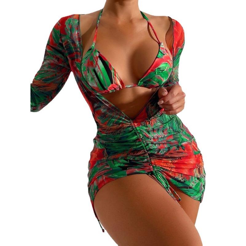 New Transparent Mesh Digital Three-piece Printed Sunscreen Beach Bikini Swimsuit