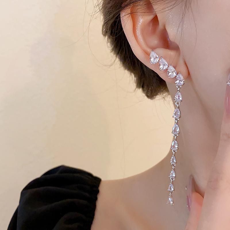 Super Flash Water Drop Zircon Splicing Long Tassel Dangle Earrings for Women Light Luxury Dainty Magnificent Earring K