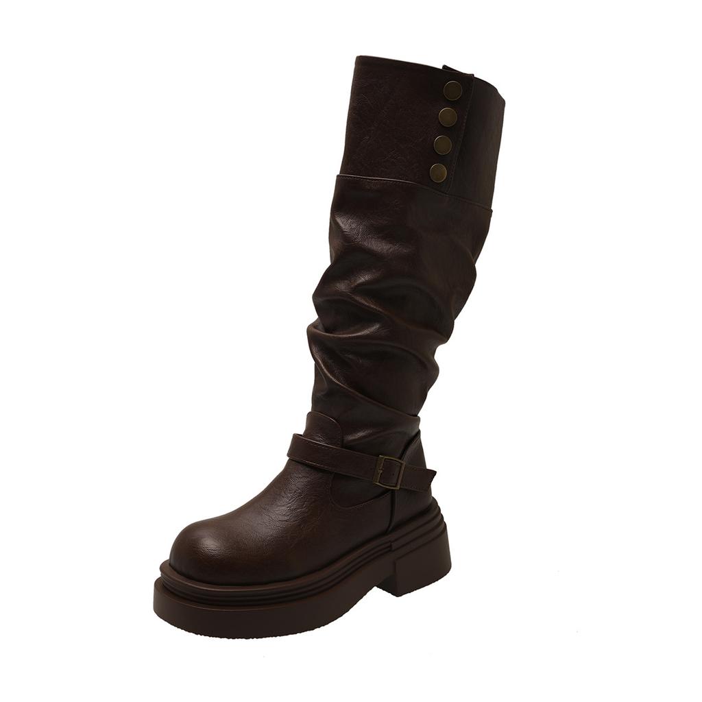 Vintage British Style Thick Heel Platform Boots Women's 2025 New Autumn and Winter Thin Boots Knight Boots