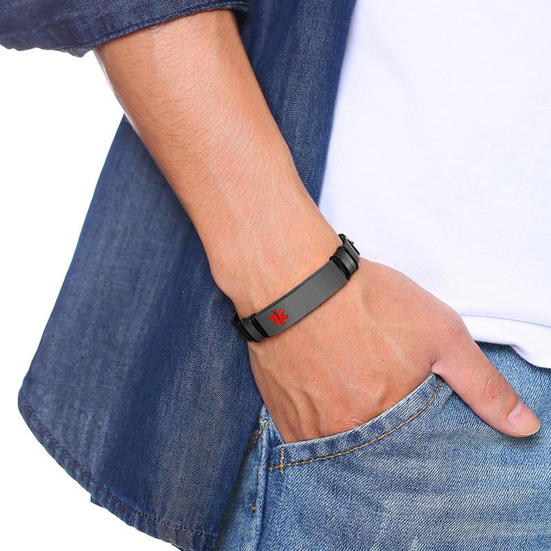 Xiaomi Vnox Personlige Indgraverede Medicinske Alarm ID-armbånd til Mænd, Sort Rustfrit Stål Mandligt Armbåndssmykke, Længde Justerbar