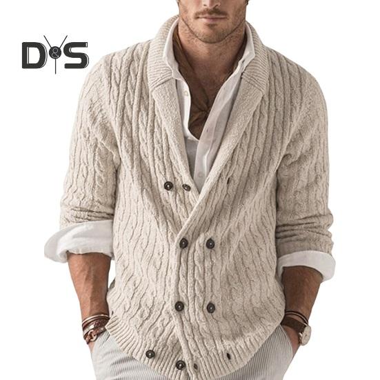 Осінь-зима Чоловічий светр Двобортний ґудзики з лацканами з довгими рукавами Крученої текстури Однотонне товсте еластичне в’язане пальто