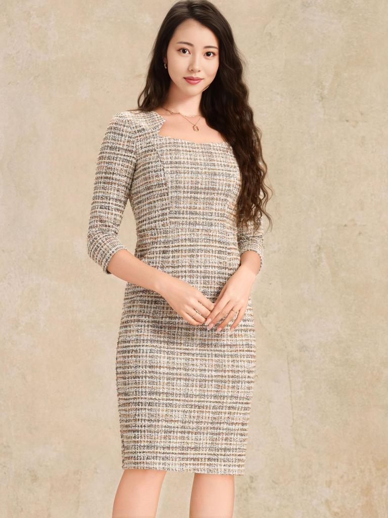 Allegra K Women's Checked Tweed Bodycon Dress, 3/4 Sleeves, Elegant Work Dress, Yellow and White, Size S