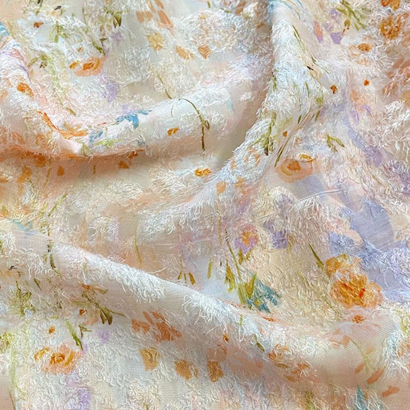 1 yard Retro akvarelová květinová třásňová šifonová žakárová látka DIY šití šatů čchang-pao digitální tisk designová látka