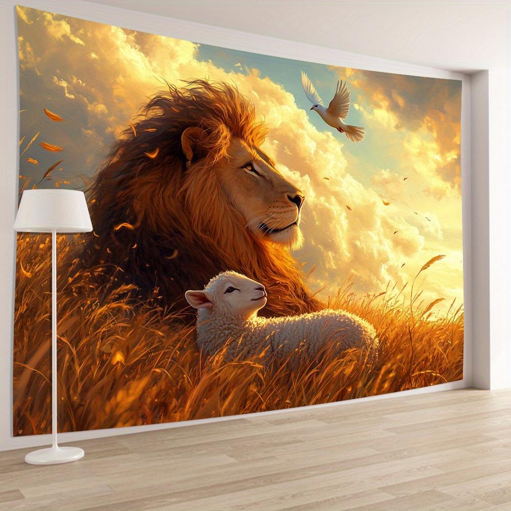 

Gorgeous Style 3D Lion and Lamb Wall Tapestry Polyester Decorative Hanging Plaque for Living Room Office Party Decoration 74x94cm(29x37in)