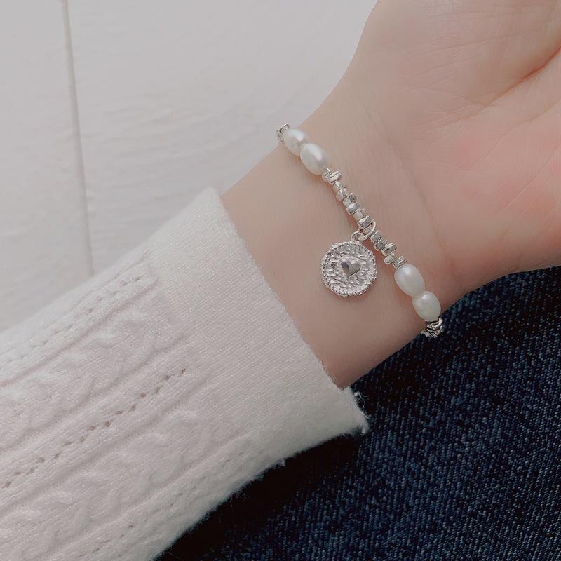 Heart Round Plate Pearl Bracelet Irregular Crushed Silver 925 Sterling Silver Bracelet for Women Summer Ins Style