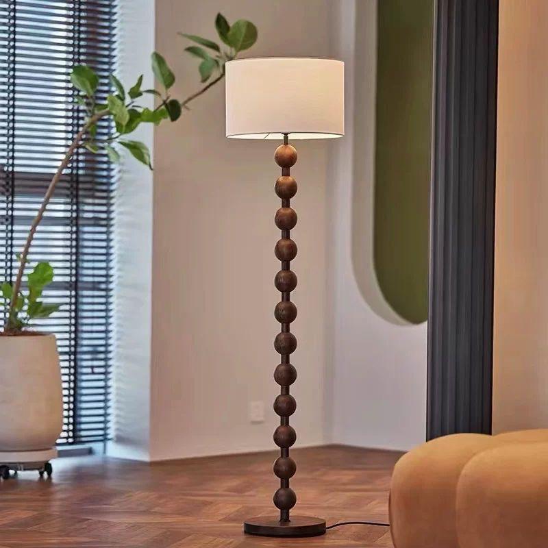 Mid-Century American Retro Floor Lamp with Walnut Finish and Fabric Shade