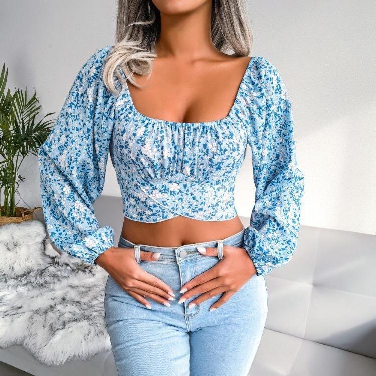 Floral Chiffon Crop Blouse Square Neck Lantern Sleeve Bow Resort Top Spring Summer Sizes S to XL