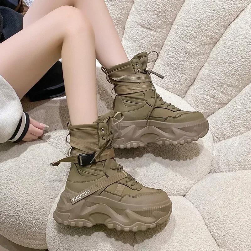 Classic Lace-up Platform Boots Women Mid-calf Flat Boots for Women Mesh Leather Splicing Light Non-slip Breathable Casual Boots