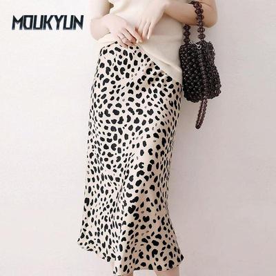 Kadın Yaz Yüksek Bel Saten Leopar A Kesim Etek Zarif Vintage Retro Moda Midi Etek