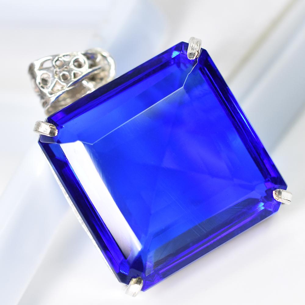 Lab Created Blue Sapphire 99Ct Square 925 Starling Silver Certified Gems Pendant MY.PD-99-NS