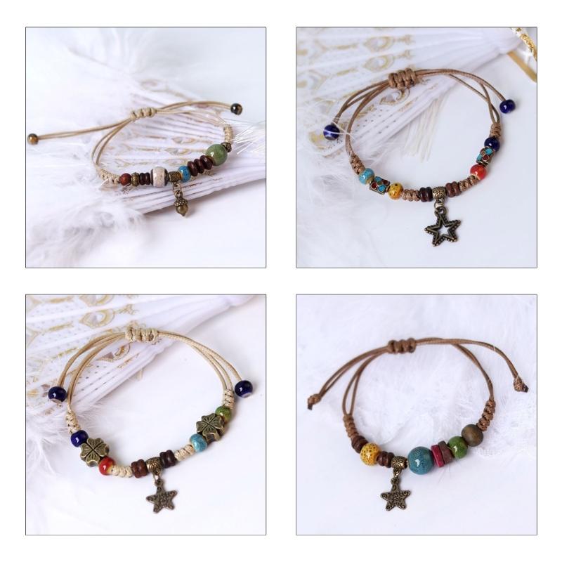 Adjustable Ethnic Ceramic Bracelet Handwoven Beaded Hand Rings Rope Stylish and Versatile Wrist Chains Jewelry Ornament