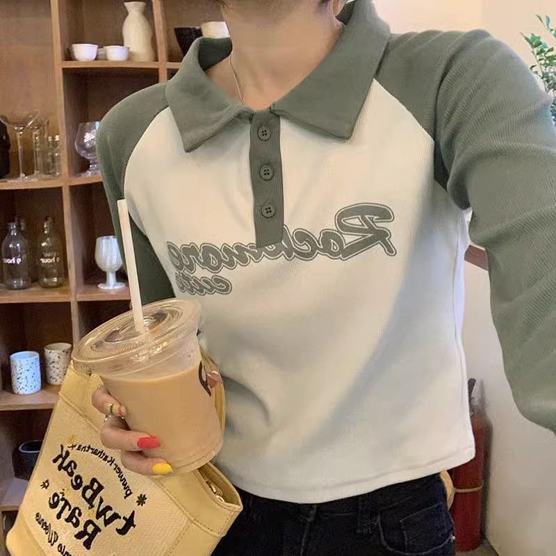 American retro contrast color right shoulder T-shirt women's long-sleeved early autumn new design polo collar letter style age-reducing top