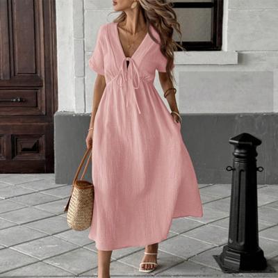 Damenkleid V-Ausschnitt Schnürung Kurzarm Hohe Taille Midikleid Einfarbig Fließender Saum Freizeitkleid Alltagskleidung