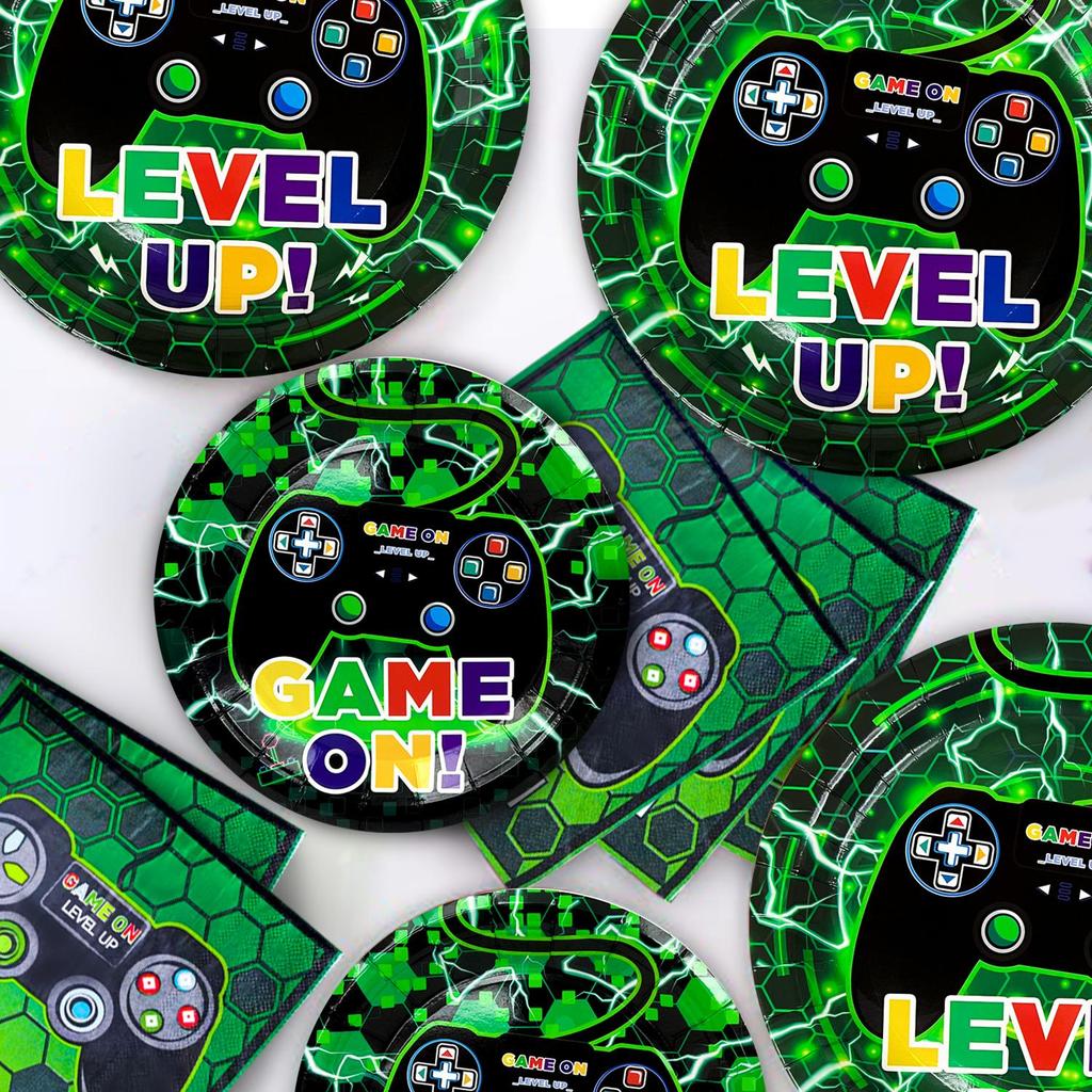 128pcs Video Game Party Supplies, Gaming Themed Tableware Set - Plates Paper Cups Banner etc Gaming Birthday Party Supplies