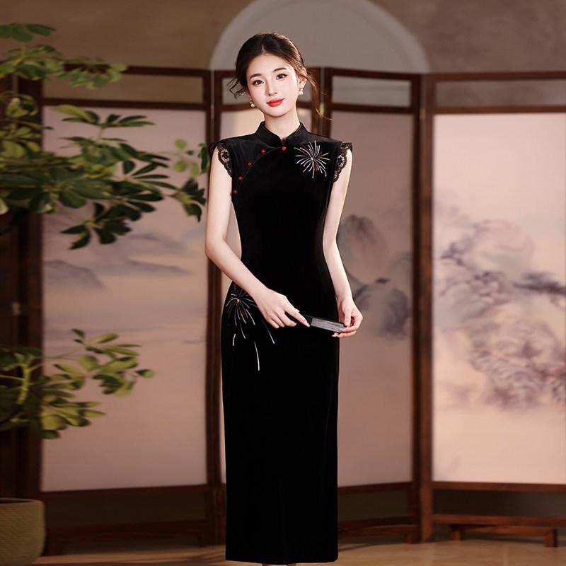 Black sleeveless velvet new Chinese Suzhou long autumn improved cheongsam 1011 new young women's high sense