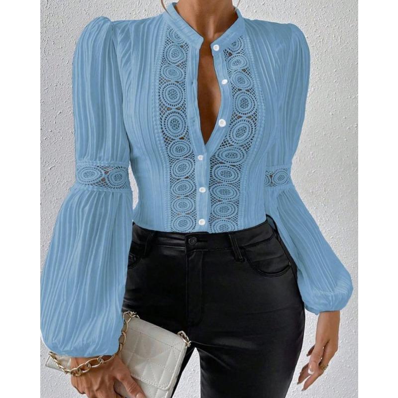 Plus Size Shirts Women Elegant Tops Fashion Lace Patchwork Lantern Sleeve Vintage Stand Hollow Out Casual Loose Blouse Women Buttons Slim Shirt 3291
