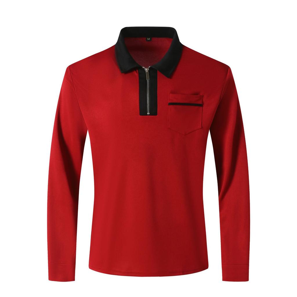 Mens Lapel Fashion Slim Pocket Zip Long Sleeve Men's T-Shirt POLO Shirt Tops