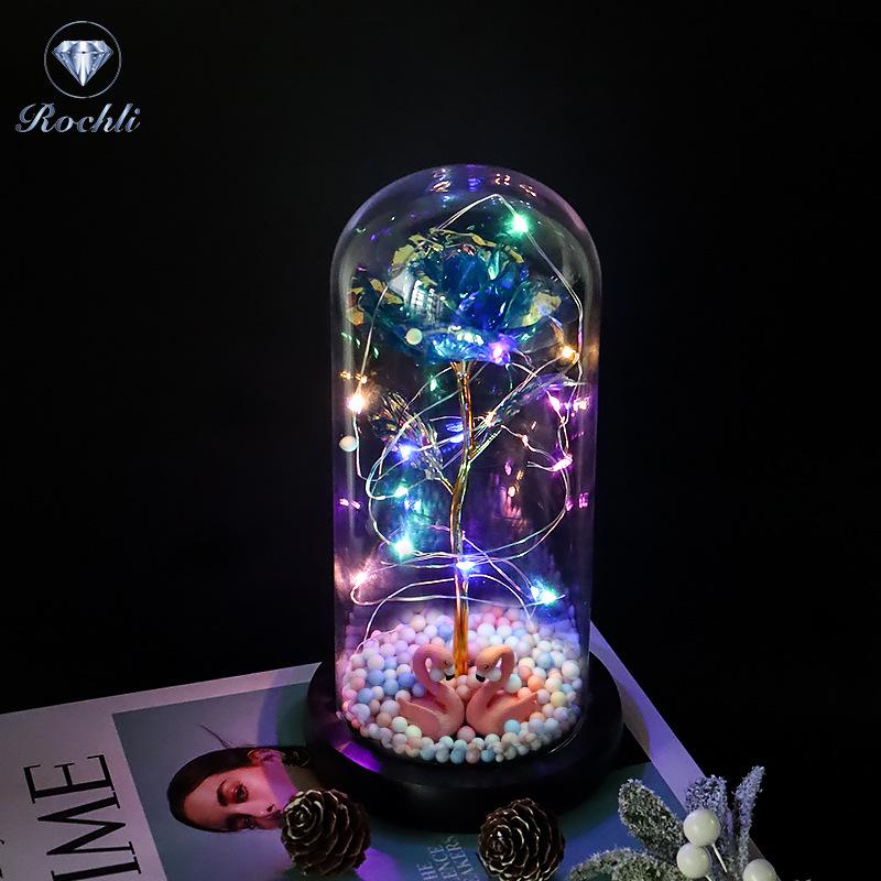 Rose Flower Preserved in Glass Dome with Night Light - Mother's Day or Birthday Gift Ornament