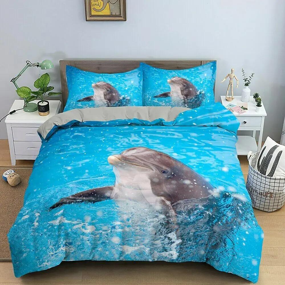 Delfin Sängkläder Set 3D Djur Delfiner I Blått Hav Mjukt Polyester Påslakan Set Enkelt Dubbelt Twin King Size Tonåringar Vuxna Hem