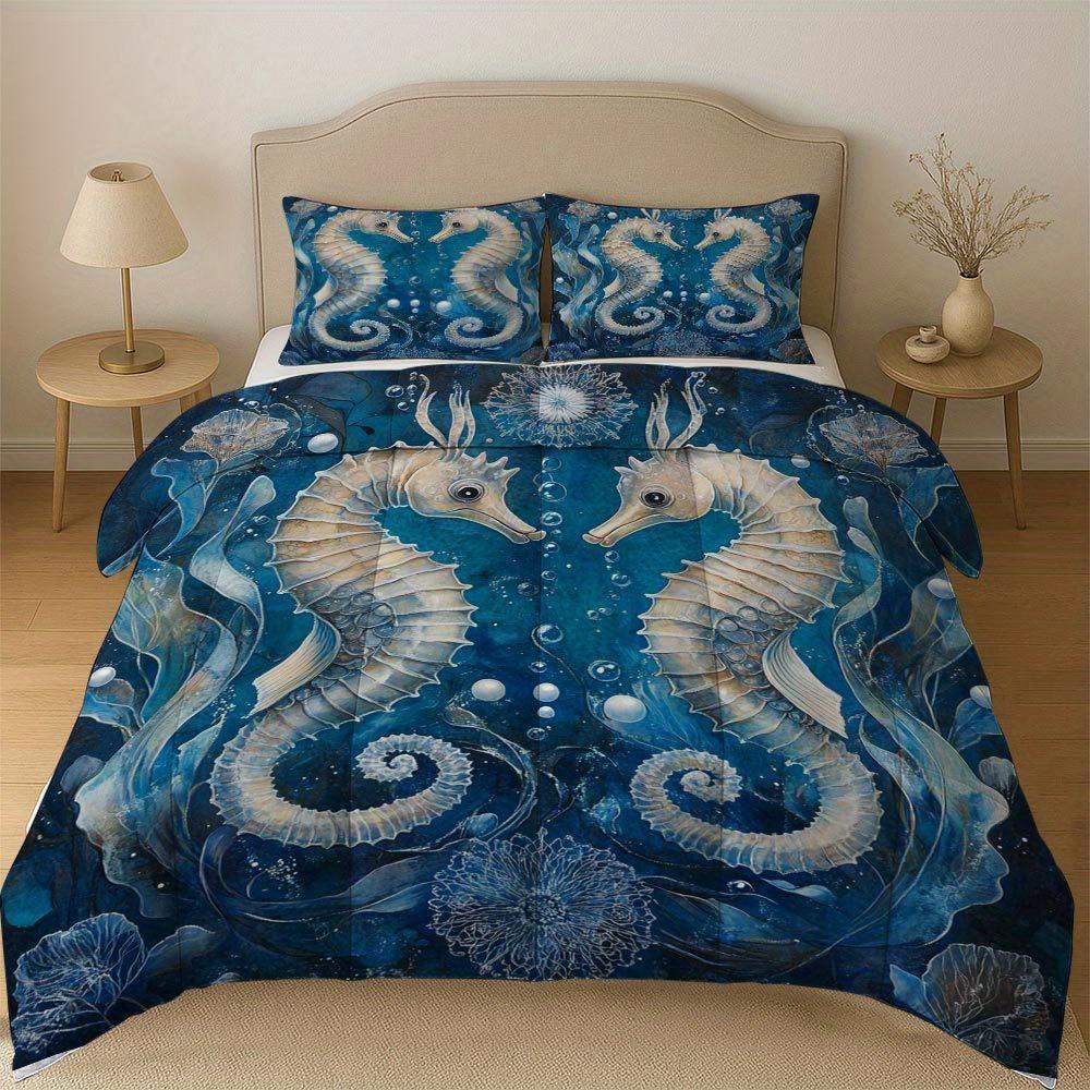 

Latacaca 3pcs Elegant Seahorse Quilt Set - Underwater Theme Bedding Set with 1 Quilt & 2 Pillowcases Machine Washable Polyester EU Twin(135x200cm)