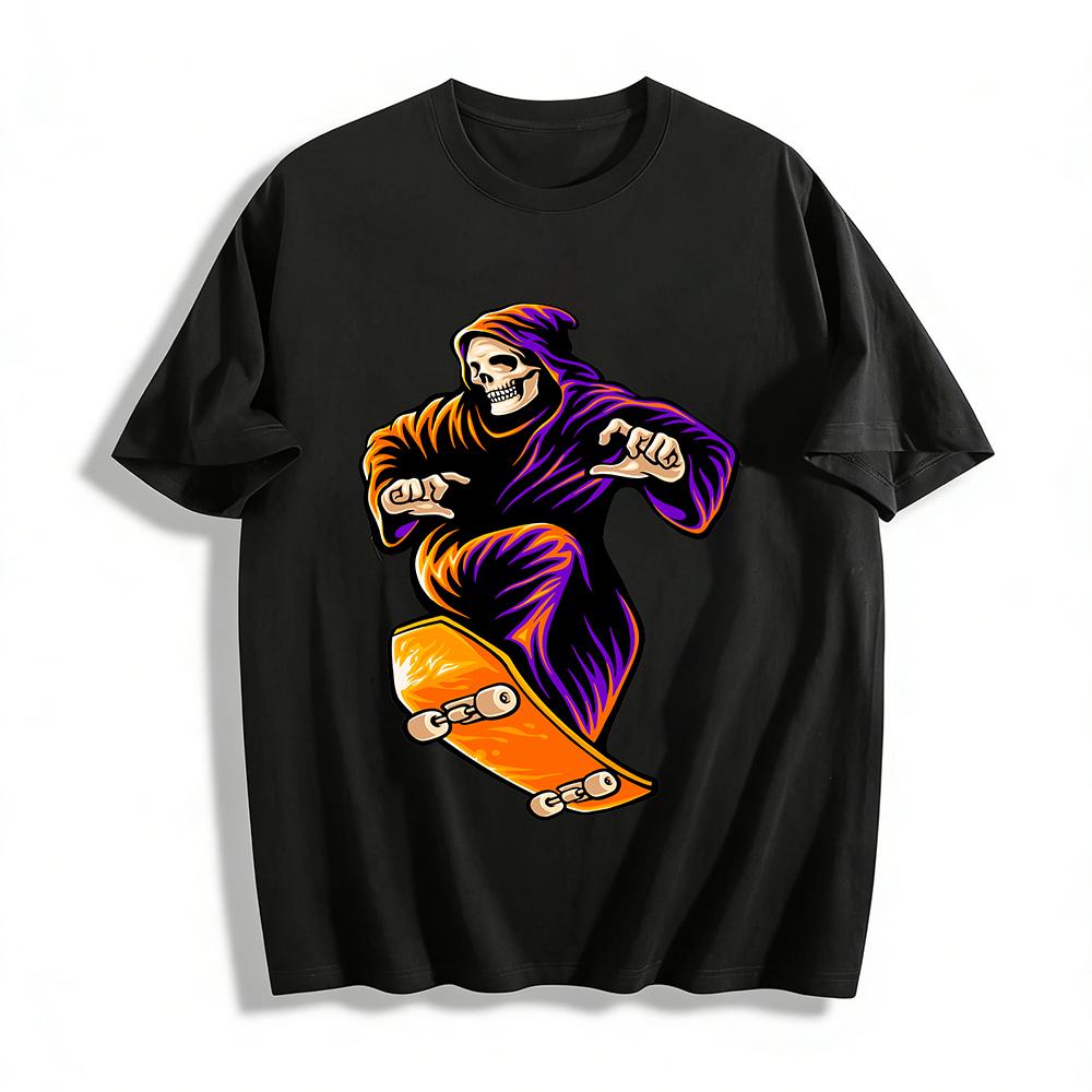 Cool Grim Reaper Skateboarding Skull Print Street Style Casual Tee Pure cotton T-shirt XXS