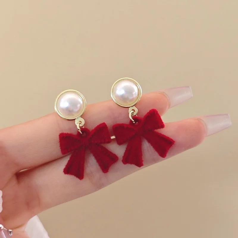 LATS Red Black Bowtie Earrings for Women Girls Simulated Pearl Cloth Bow Tie Earrings Jewelry Ear Accessories Beautiful Gifts
