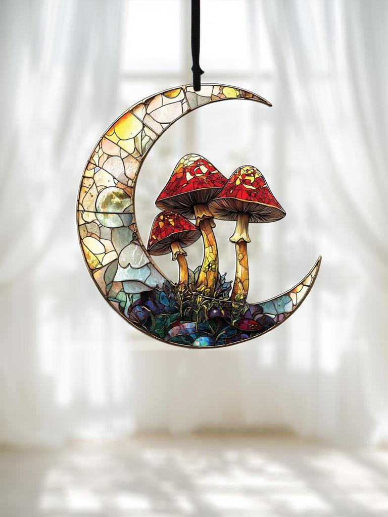 Acrylic Crescent Moon & Mushroom Suncatcher, Window Hanging Ornament, Wall Art Decor Pendant for Home Garden, Nature Lovers Gift