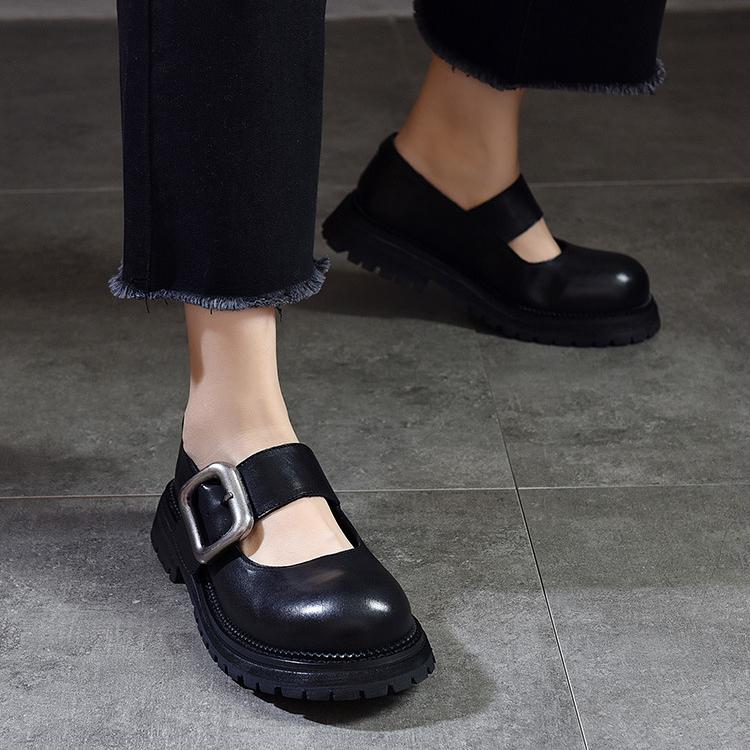 Johnature Divat sokoldalú fém csat, kerek orr, vastag talp Mary Janes cipők valódi bőr női cipők