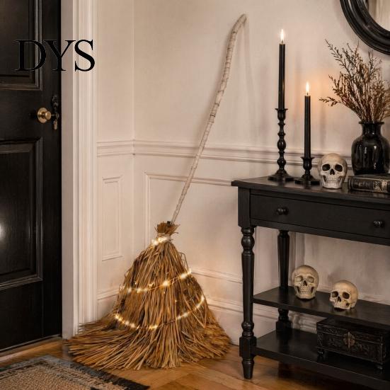 Rustic Farmhouse Fall Decorations 5.5 Ft Giant Light-up Witch Broom, Vintage Twig Broom with String Light, Unique Autumn Holiday Gift Decoration