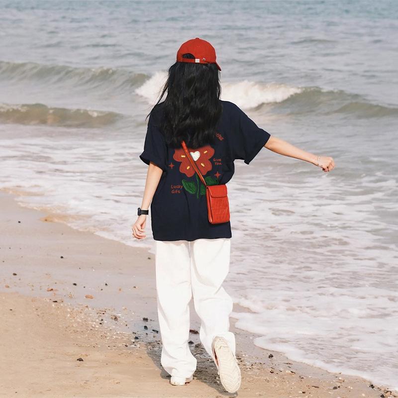 Summer Floral Printed Casual Fashion Cotton Tee Women Short Sleeve Pullover Top Female Vintage All-match T-shirt