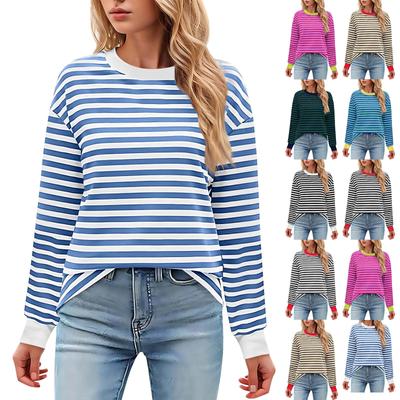 Women's Casual Tunic Top Loose Long Sleeve Striped Shirt Collar Top