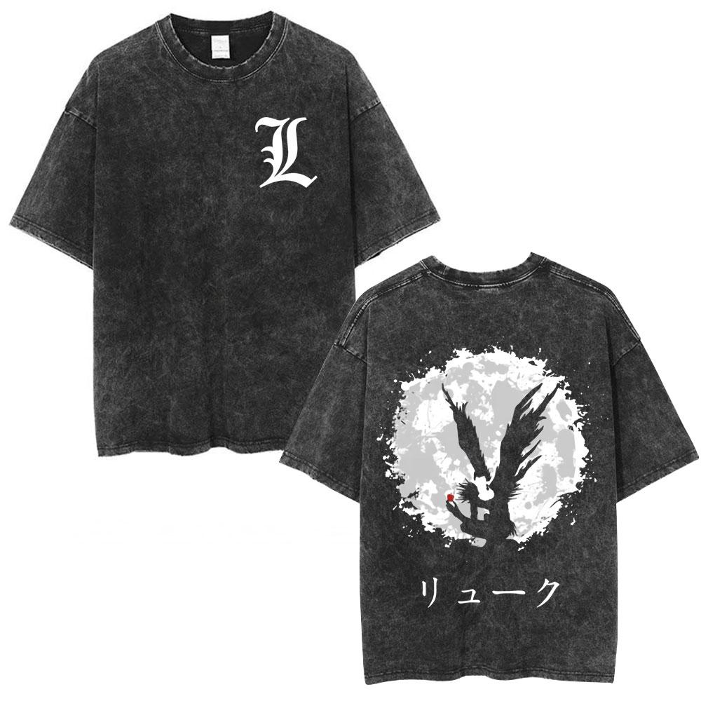 Washed Vintage Anime Death Note L Lawliet Yagami Light Face Graphic Tshirt Summer Men Women Fashion Cartoon Crewneck T Shirts S