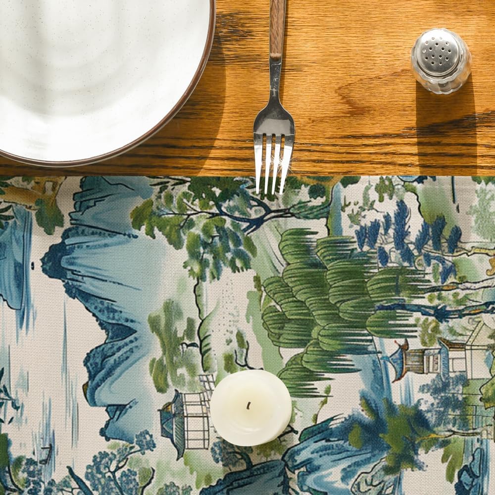 Artoid Mode Chinoiserie Vintage Style Mountain Fall Table Runner, Seasonal House Trees Kitchen Dining Table Decoration for Home Party Decor 13x36