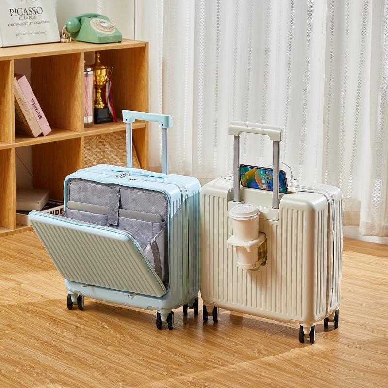 Front-Opening 20-Inch Carry-On Suitcase: Multi-Functional Trolley Case with Combination Lock for Men and Women.