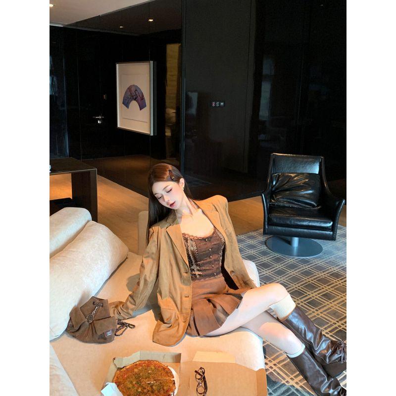 Maillard Suit Brown Suit Outwear Women's Camisole Autumn Sexy Pleated Skirt Skirt Three-Piece Suit