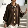 Women Knit Cardigan Oversized Sweater, Collared Top with Large Metal Relaxed Fit Buttons, Loose Lantern Sleeve Casual Sweater for Spring Autumn Button