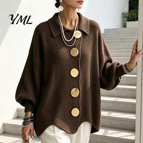 Women Knit Cardigan Oversized Sweater, Collared Top with Large Metal Relaxed Fit Buttons, Loose Lantern Sleeve Casual Sweater for Spring Autumn Button