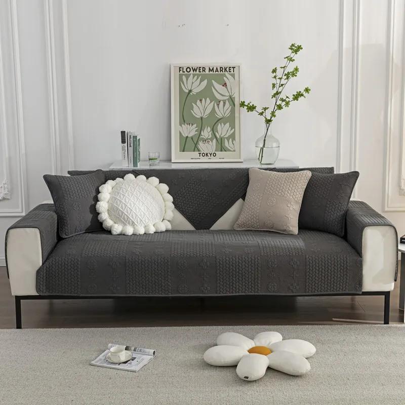 Pure Cotton Universal for All Seasons Sofa Cover Anti-slip Backside Cushion  Living Room Solid Color Stitch Fabric Art Couch Mat