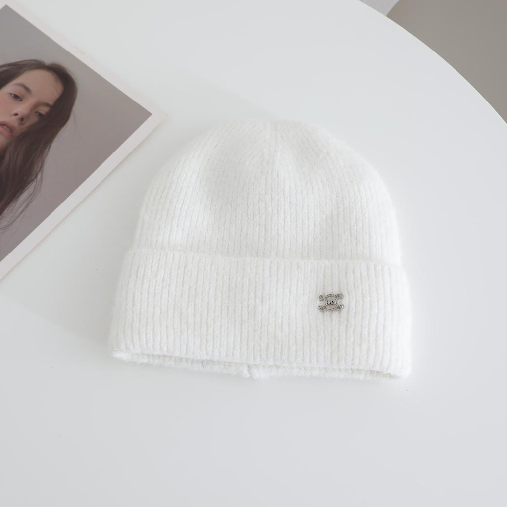 Metal Label Knitted Hats for Women's Autumn and Winter New Products Warm and Thickened Cold Hats Face Enhancing Small Ear Protecting Hats