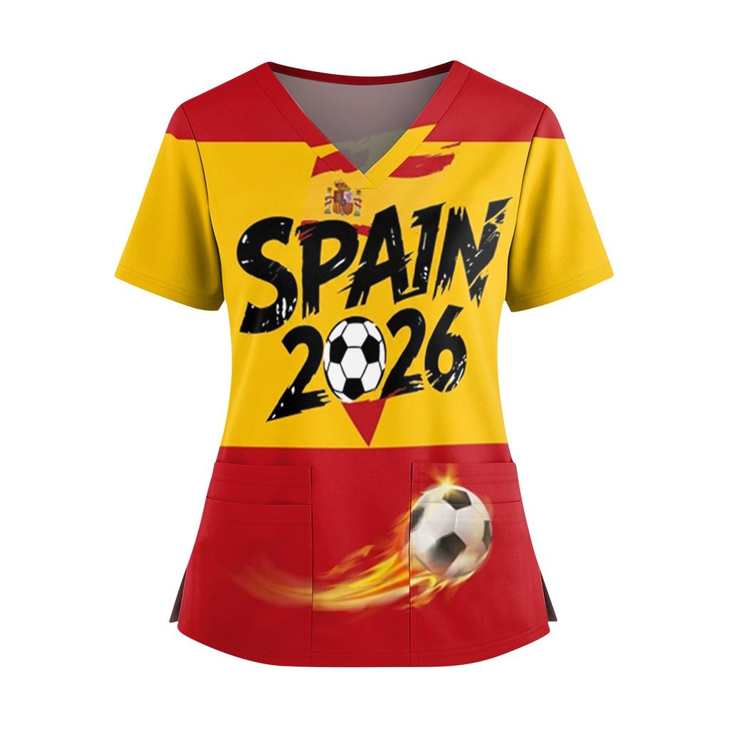 Women's Short Sleeve V-Neck Scrub Top with Pockets and Side Slits, Soccer Flag Print