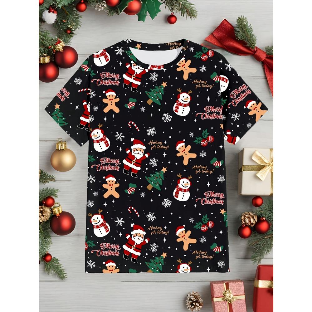 Children's cartoon Santa Claus T-shirt, men's and women's casual short sleeved T-shirt, children's Christmas gift