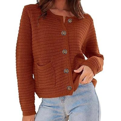 Autumn Round Neck Knitted Coat Vintage Solid Pocket Commuter Office Jacket Casual Button Long Sleeve Cardigans Winter Clothing 29764